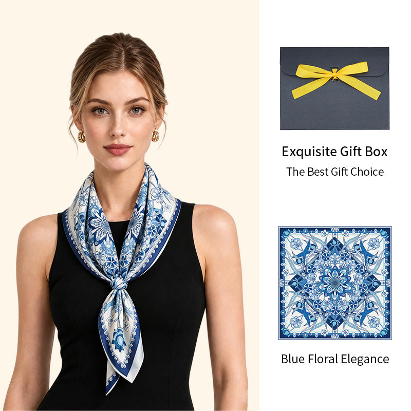 Model wearing a blue floral square scarf