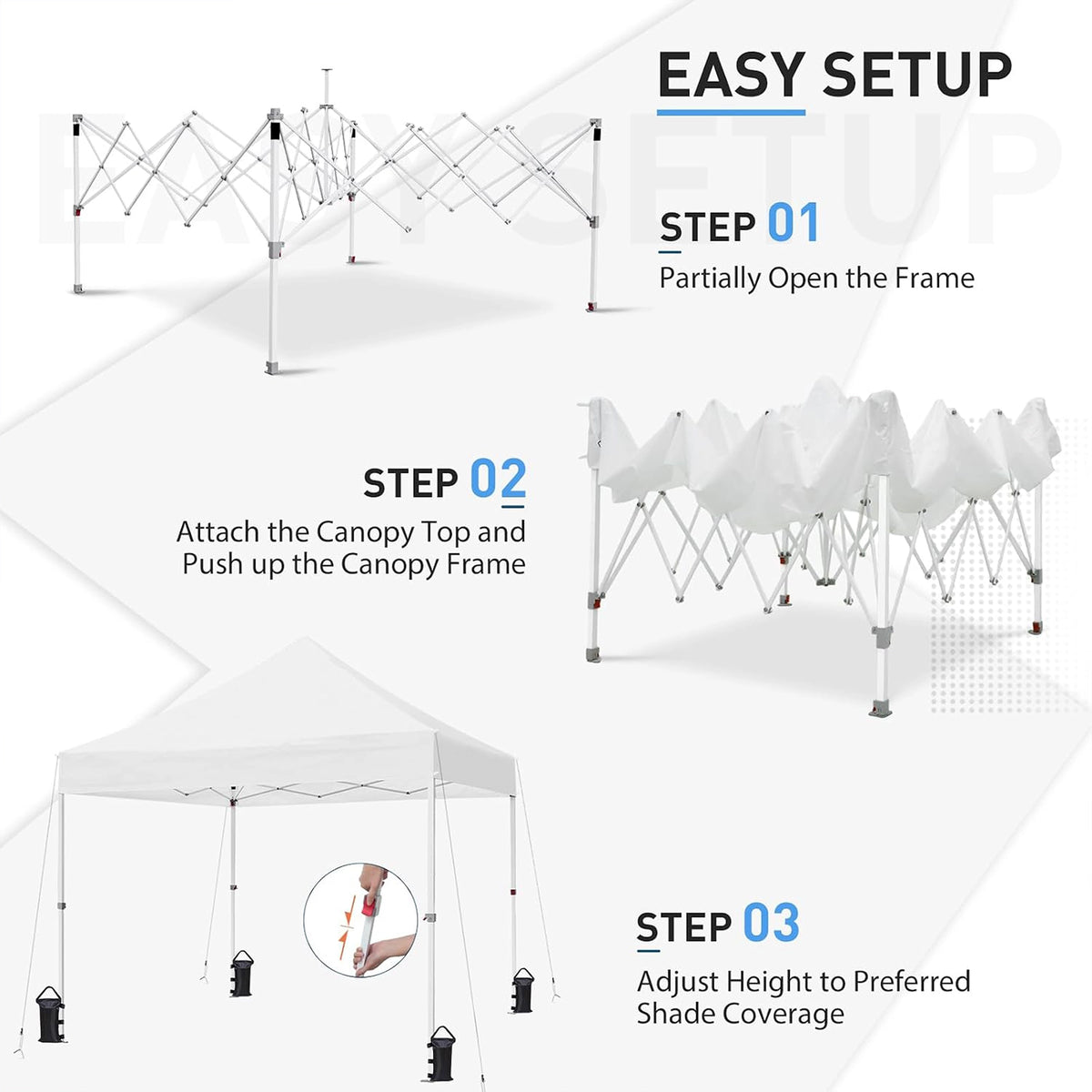 Pop-up canopy tent three-step setup diagram