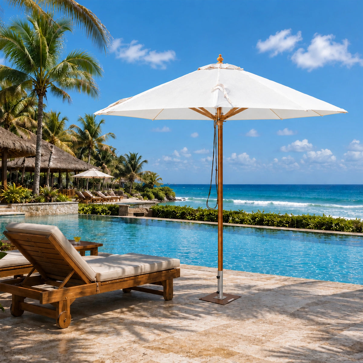 A large white patio umbrella with a wooden pole stands beside a resort pool on a stone deck, with a wooden lounge chair, palm trees, and ocean in the background.
