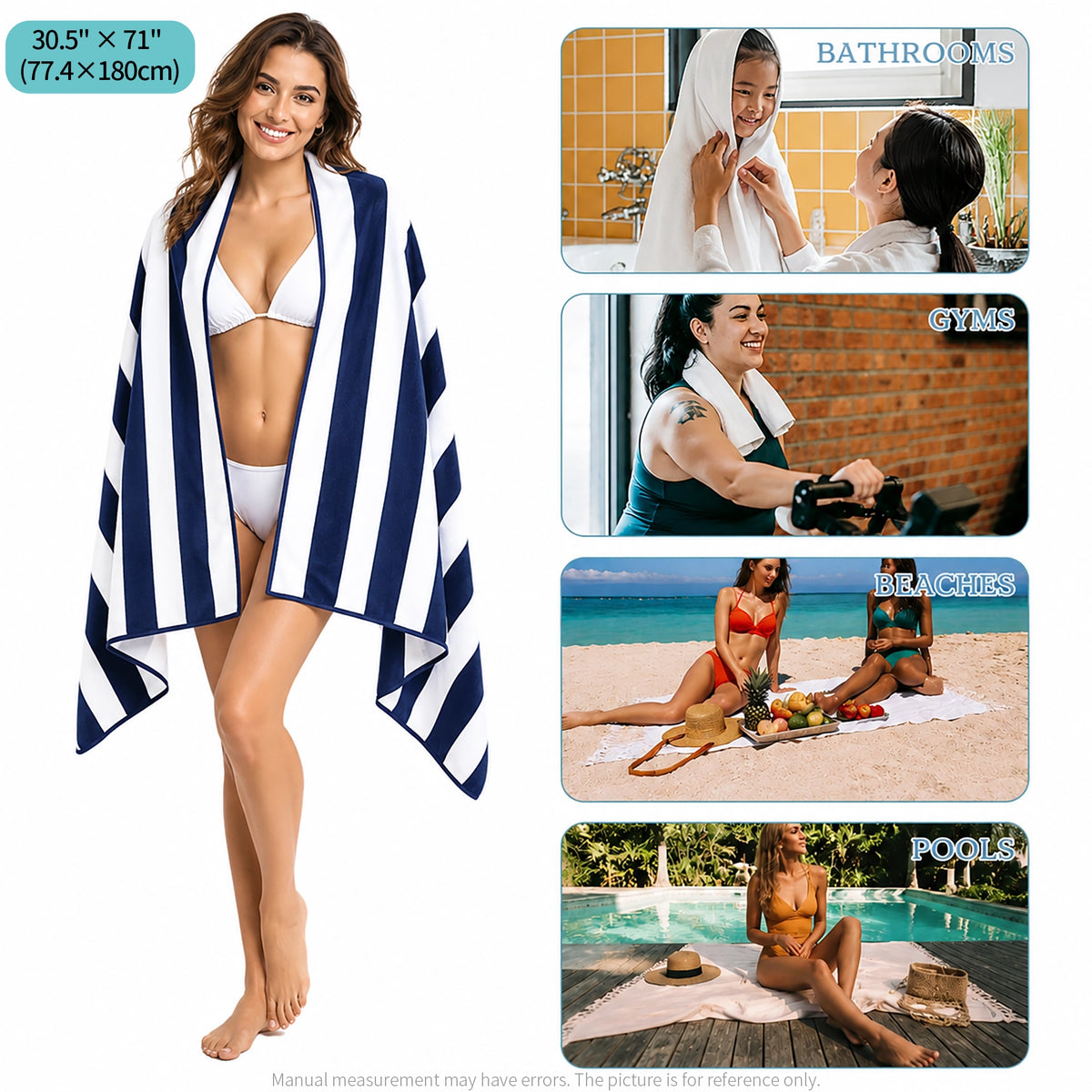 Blue and white striped beach towel with size and use examples