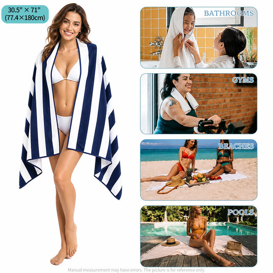 Blue and white striped beach towel with size and use examples
