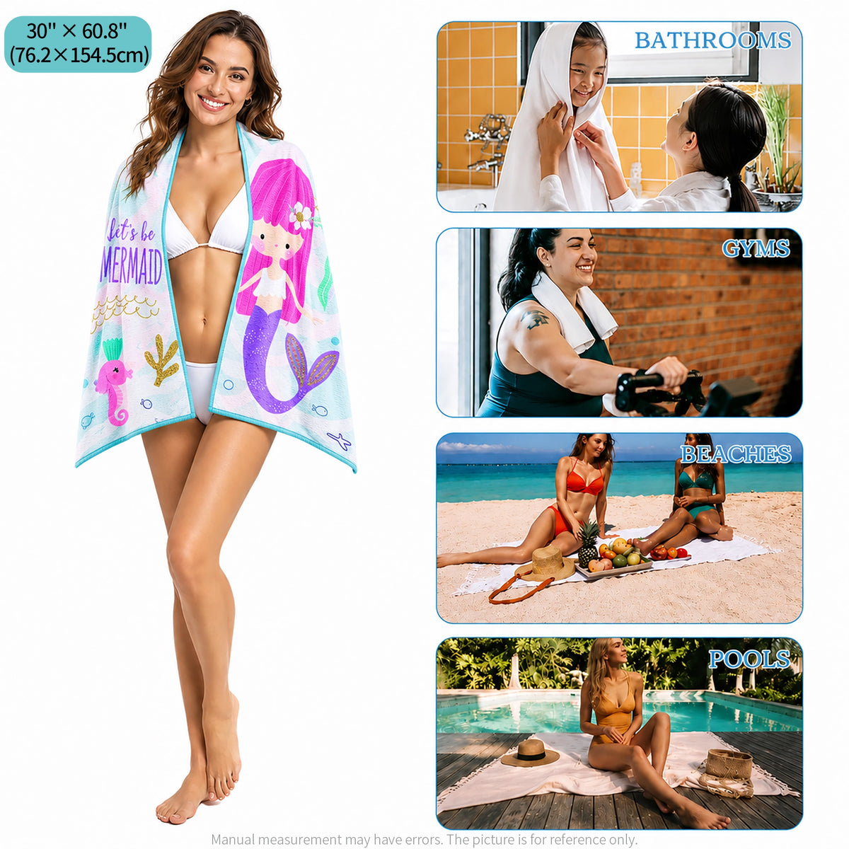Mermaid beach towel with bathroom, gym, beach and pool use examples