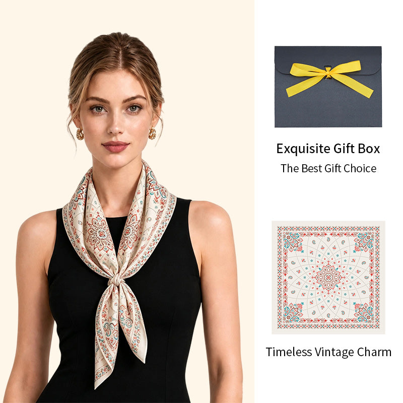 Model wearing a white square scarf with red and blue pattern