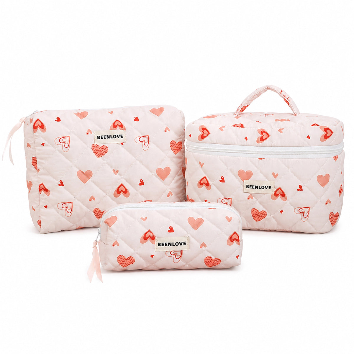 Quilted makeup bag set of 3 with red heart print: train case, flat pouch and small pouch