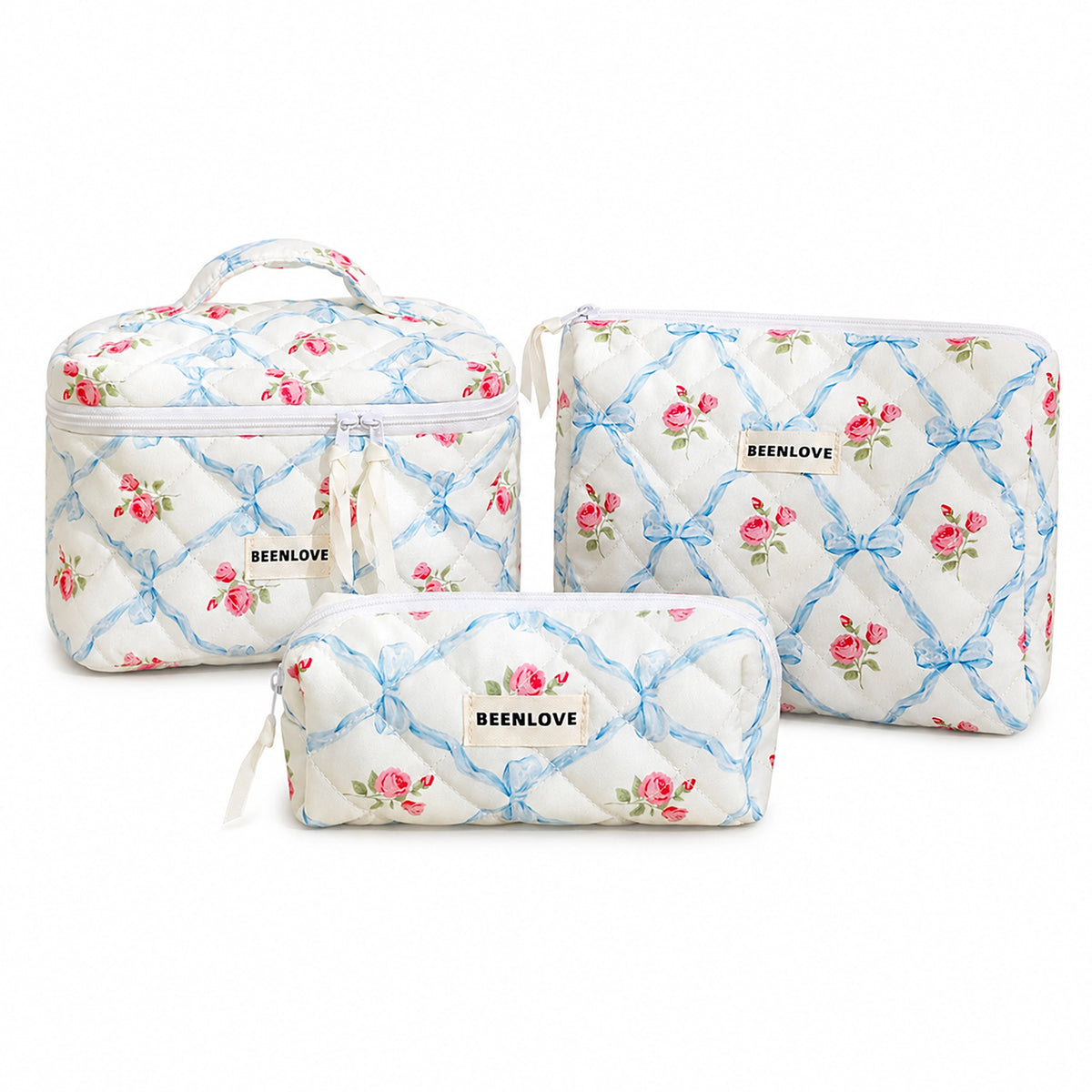 Quilted makeup bag set of 3 with blue bow and pink rose print