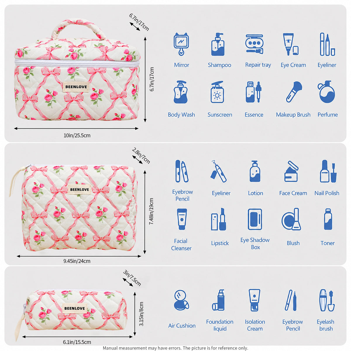Quilted makeup bag set sizes and what fits in each bag