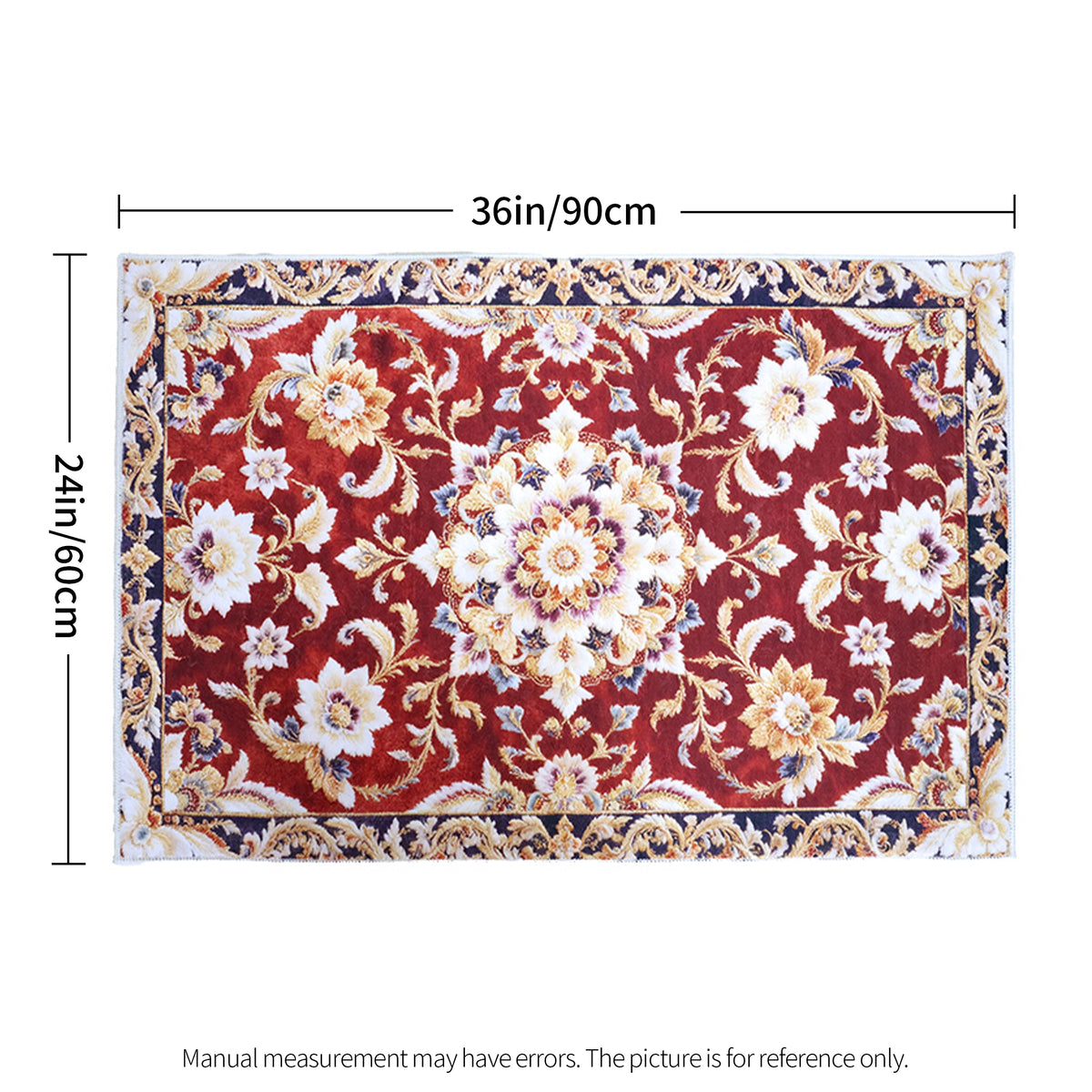 A rectangular red patterned rug shown with dimension lines indicating 36 in / 90 cm width and 24 in / 60 cm height, plus a note that manual measurement may have errors.