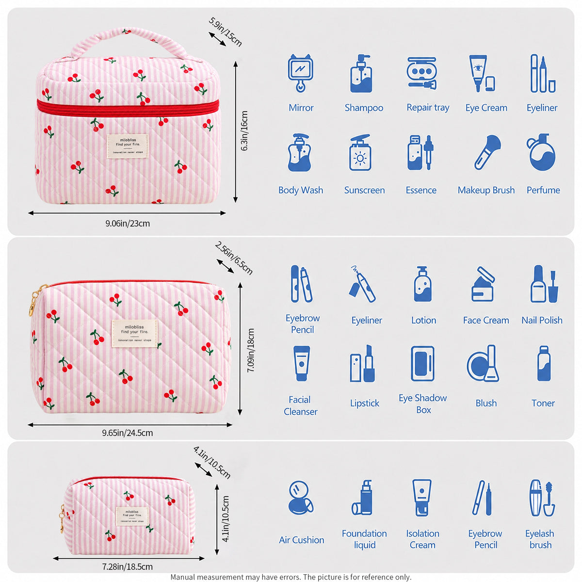 Pink quilted cosmetic bag with a cherry print, shown with dimension measurements and blue icons listing included makeup items on a light gray background.