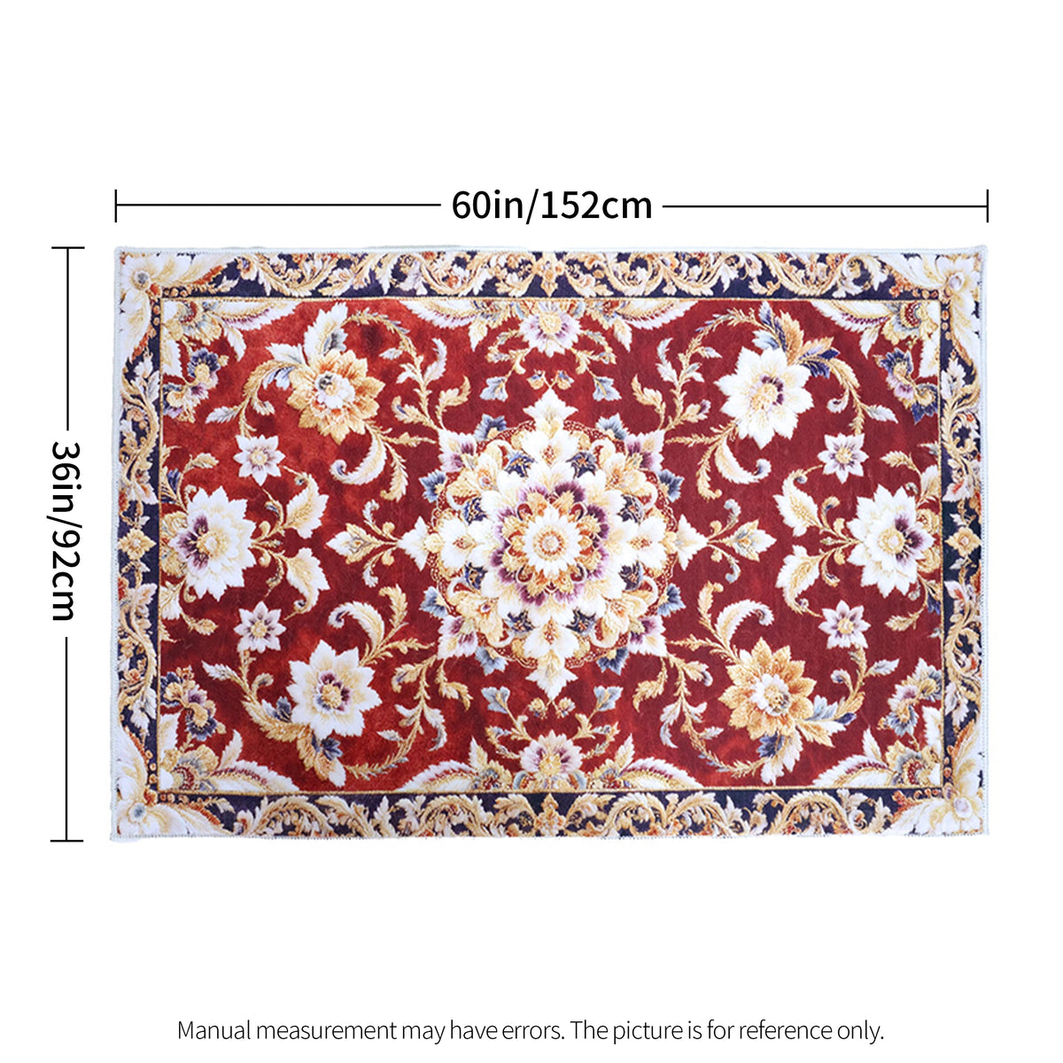 A rectangular red patterned rug shown with dimension lines indicating 60 in / 152 cm width and 36 in / 92 cm height, plus a note that manual measurement may have errors.