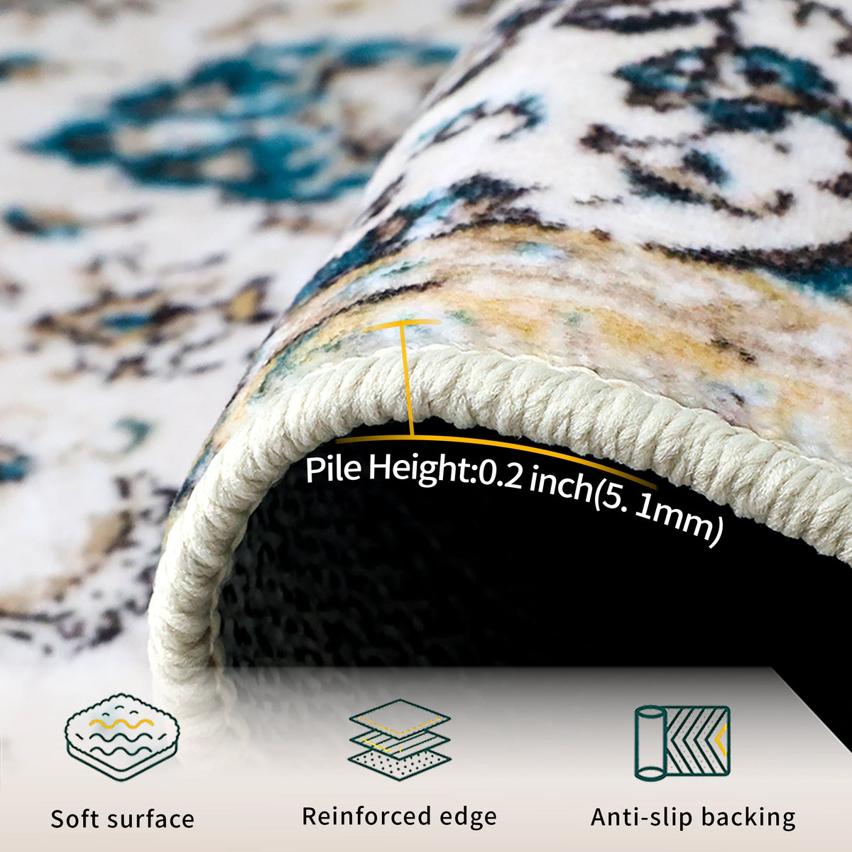 Close-up of a patterned area rug being rolled to show pile height and edge construction, with text reading 'Pile Height: 0.2 inch (5.