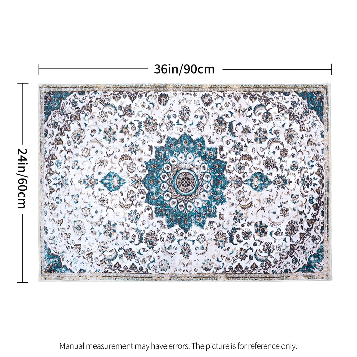 A rectangular patterned area rug shown on a white background with dimension lines and text indicating 36 in / 90 cm width and 24 in / 60 cm height. The rug has an ornate traditional floral design in white, turquoise blue, gray, and brown.
