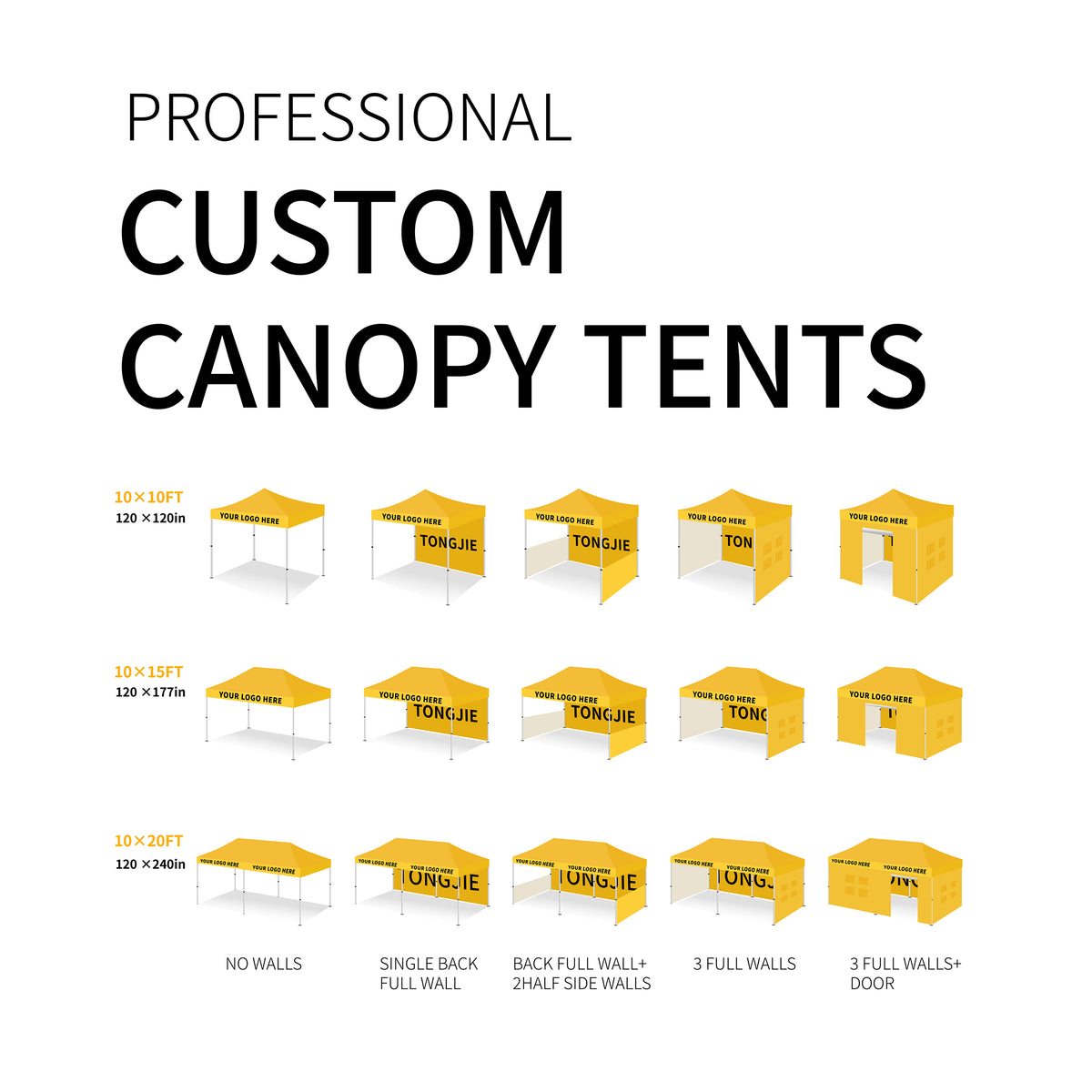 Custom canopy tent size and wall configuration chart
