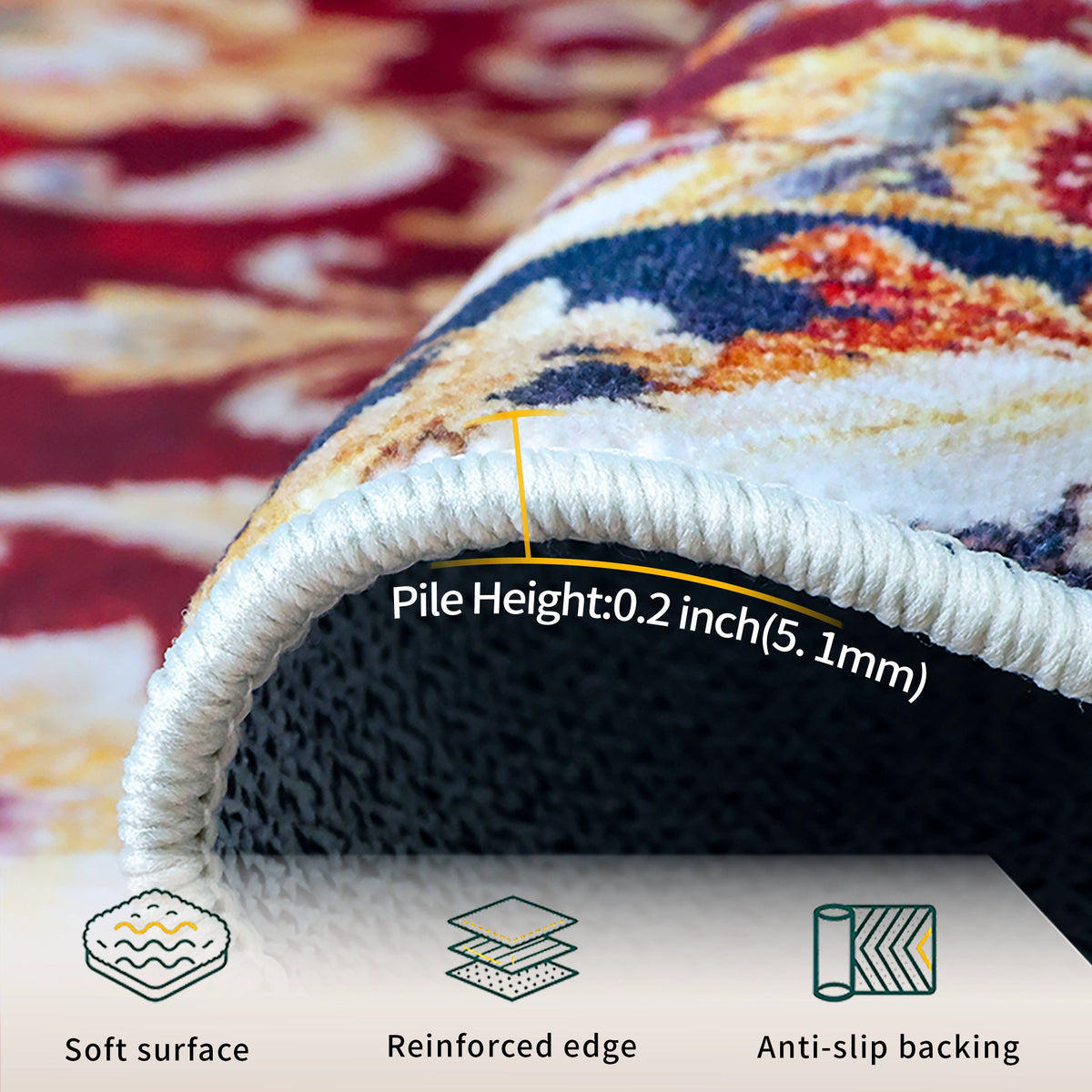 Close-up of a patterned area rug corner showing a thick white tufted edge and text reading 'Pile Height: 0.2 inch (5.