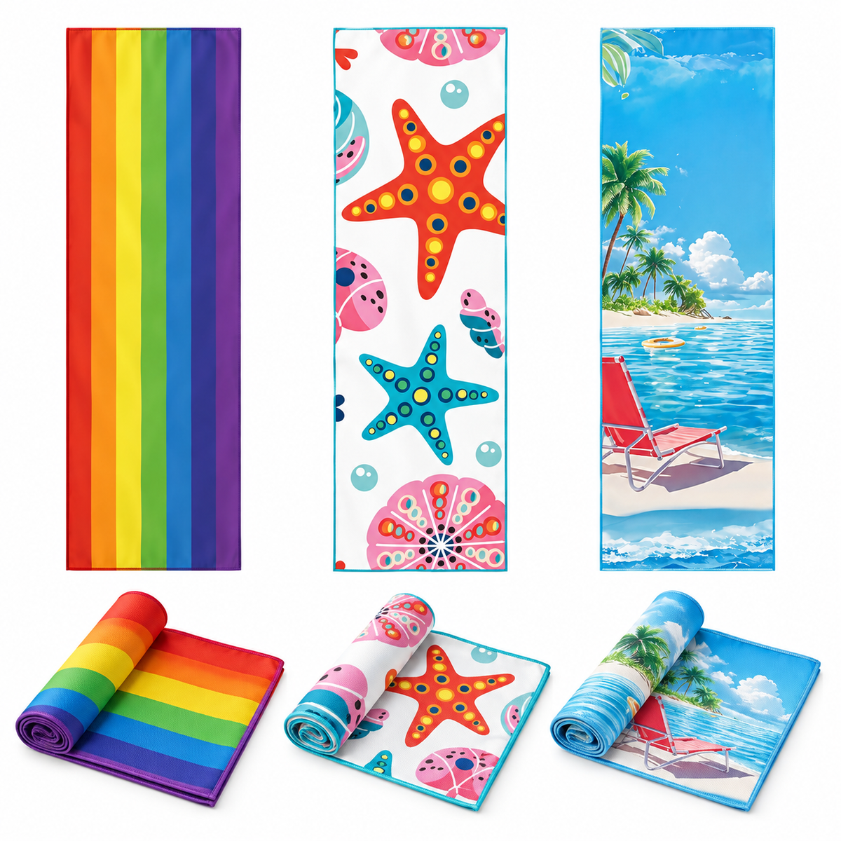 Three cooling towel designs: rainbow, starfish and beach scenes