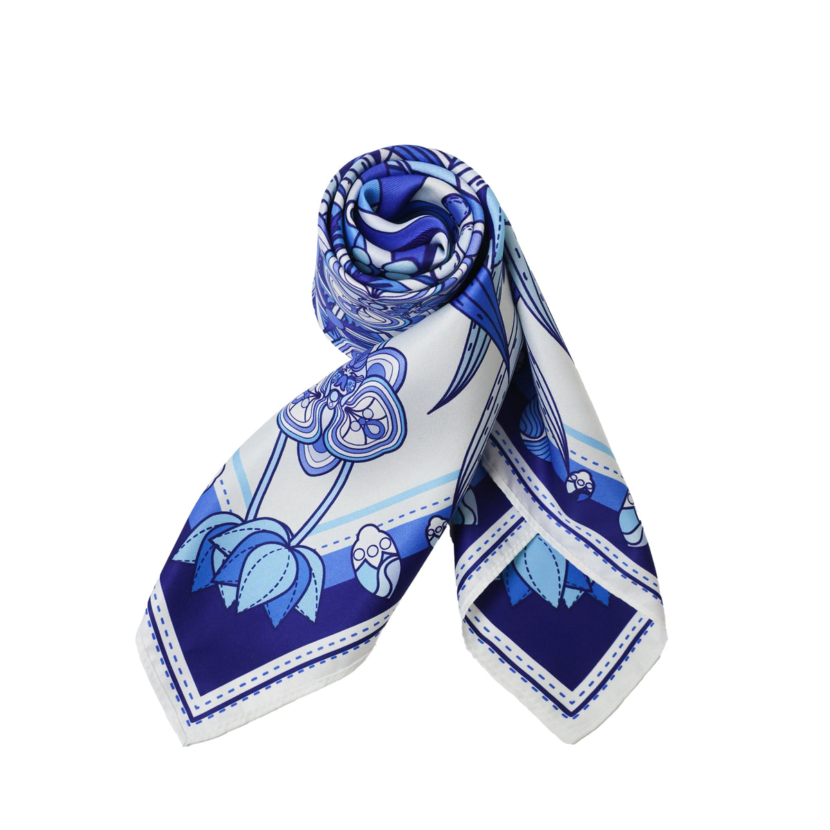 Blue and white floral satin square scarf