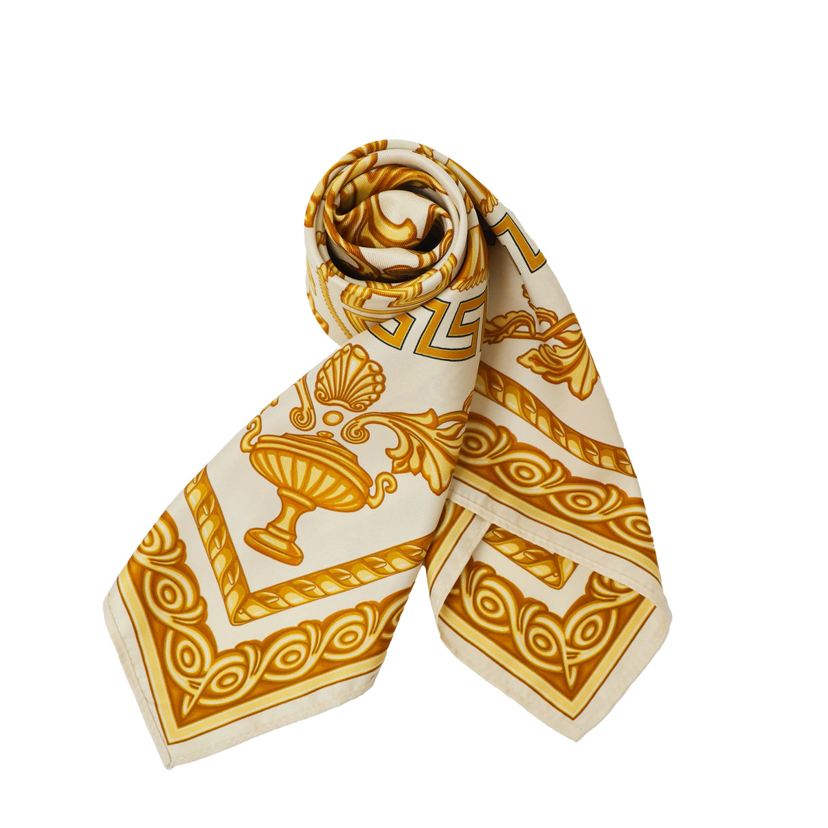 Golden Classic satin square scarf with Greek key and urn print