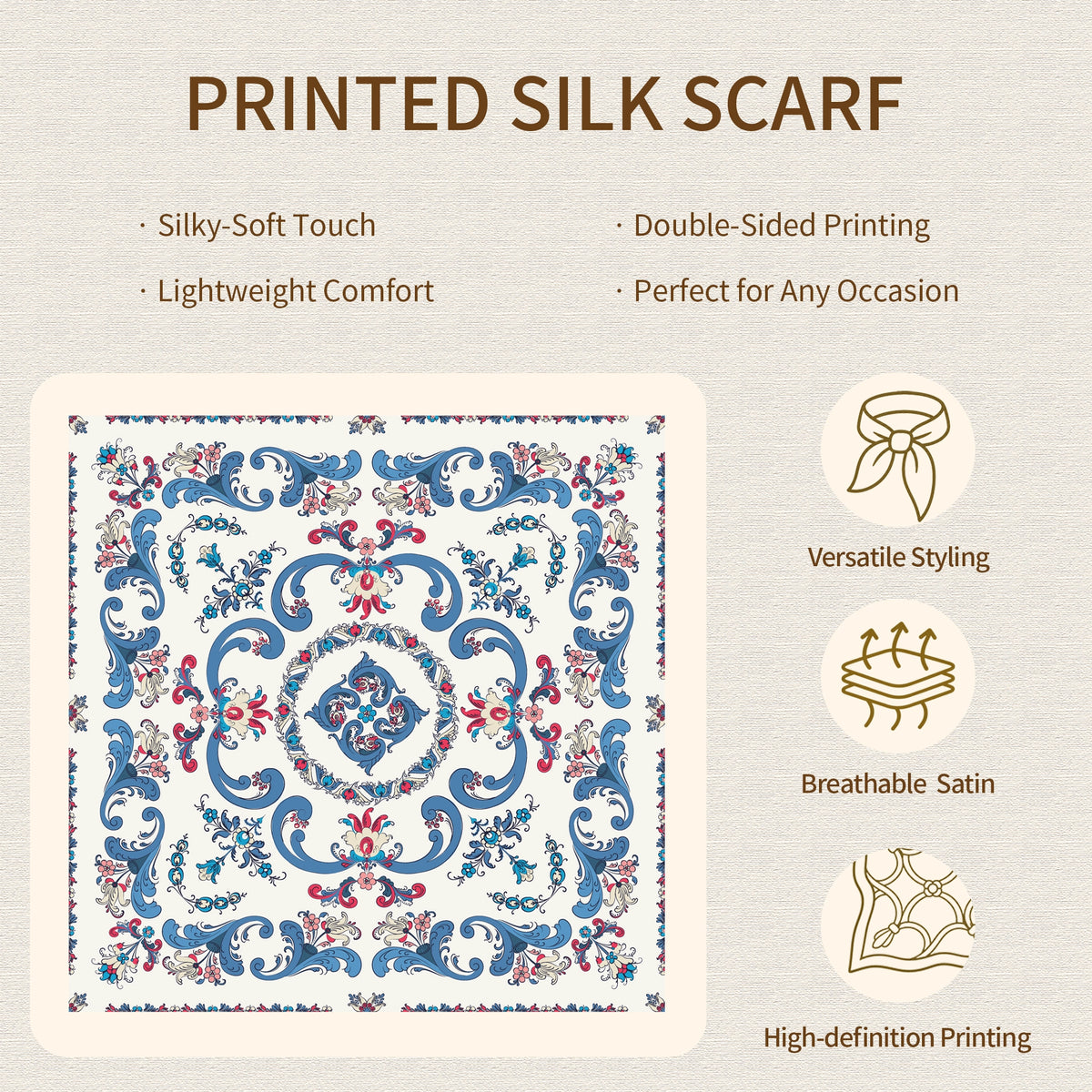 A printed silk scarf with a detailed blue, red, and pink floral scroll pattern on a white background, displayed on a light beige textured background with descriptive text and feature icons.