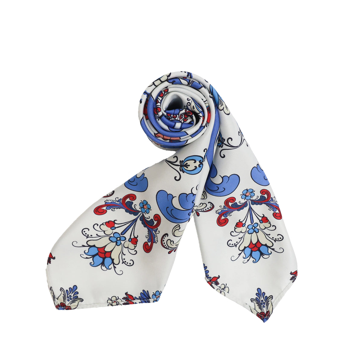 White satin square scarf with blue and red classic paisley print, rolled