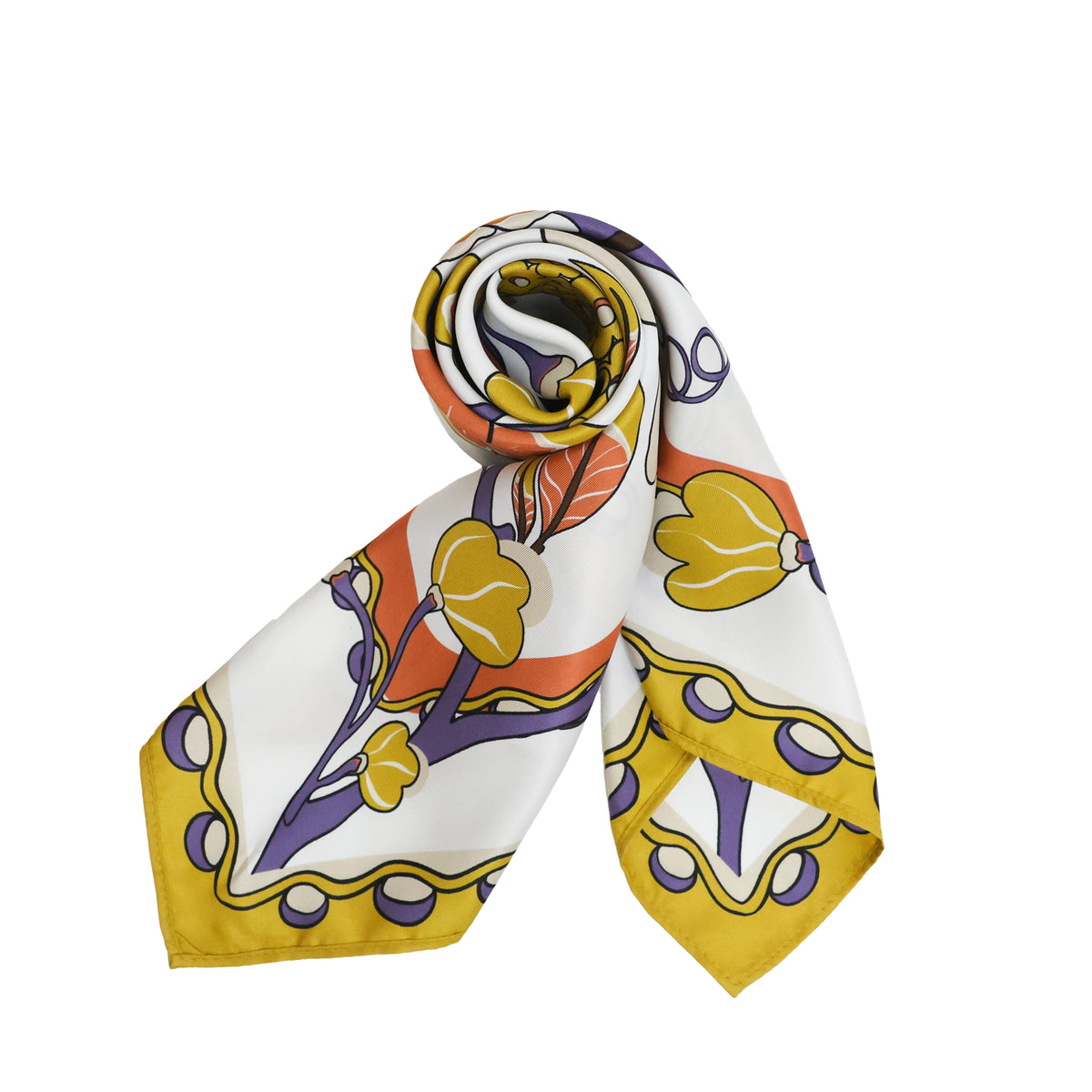 White satin square scarf with yellow and orange floral print