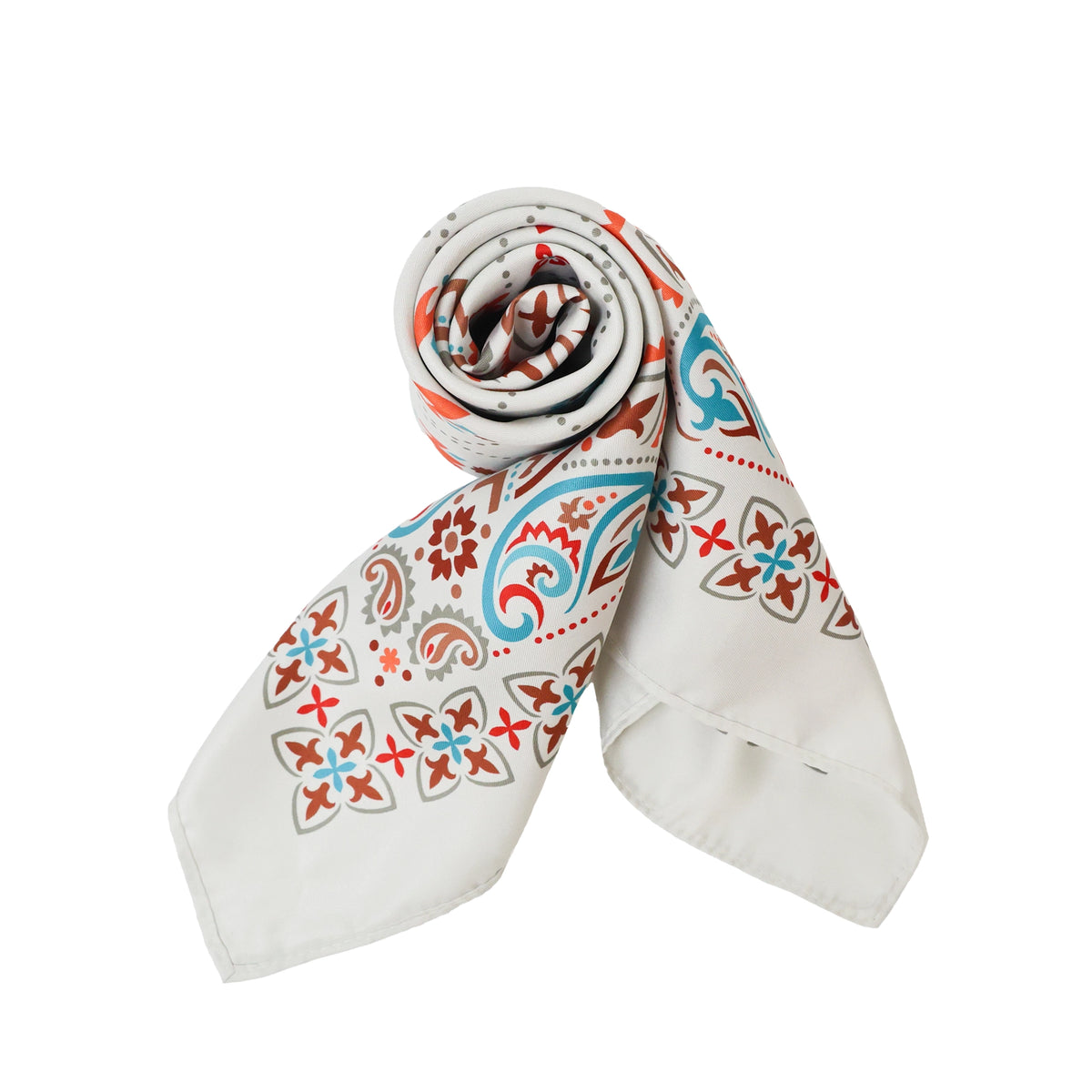 White satin square scarf with red and blue vintage pattern