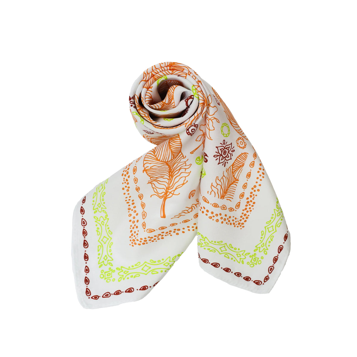 A square scarf with a white base, featuring orange botanical leaf patterns, lime green borders, and red decorative accents, styled in a rolled position on a solid white background.